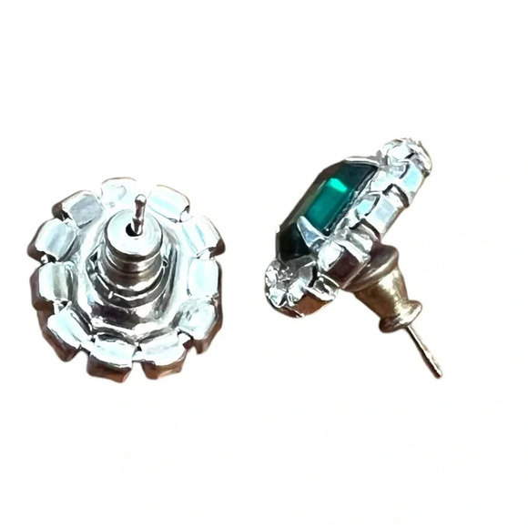 Vintage Emerald Cubic Zirconia Halo Earrings Costume Jewelry - Picture 4 of 5